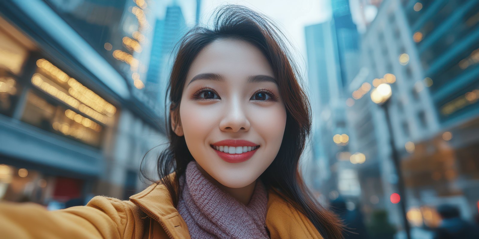 Young woman smiles during twilight in a bustling urban city surrounded by modern skyscrapers